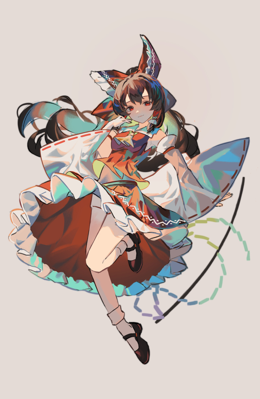 1girl absurdres ascot black_footwear bow brown_hair closed_mouth clynxen detached_sleeves english_commentary foot_up frilled_bow frilled_hair_tubes frilled_skirt frills full_body gohei grey_background hair_bow hair_tubes hakurei_reimu hand_up highres long_hair looking_at_viewer mary_janes red_bow red_eyes red_skirt red_vest ribbon-trimmed_sleeves ribbon_trim shoes simple_background skirt socks solo touhou vest white_sleeves white_socks wide_sleeves yellow_ascot
