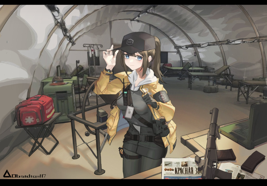 1girl arm_up baseball_cap black_headwear black_pantyhose blue_eyes blush breasts brown_hair closed_mouth commentary computer dima_(girls'_frontline) english_commentary girls'_frontline gloves gun hair_between_eyes hand_on_headwear hat highres hood hood_down hoodie indoors jacket laptop letterboxed looking_at_viewer medium_breasts newspaper open_clothes open_jacket pantyhose ponytail rosetta(obsidian117) russian_text sidelocks single_glove smile solo translation_request weapon weapon_request white_hoodie yellow_jacket