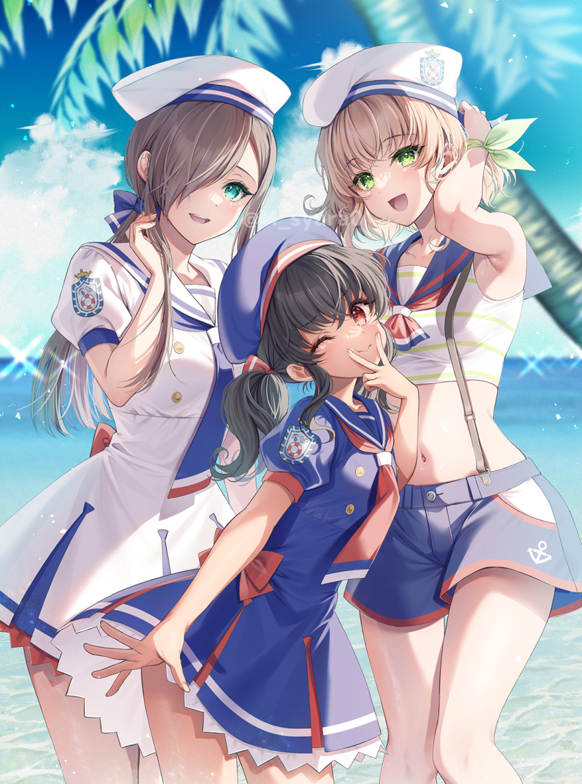 3girls anise_tatlin armpit_crease bare_shoulders beach black_hair blonde_hair blue_dress blue_eyes blue_headwear blue_neckerchief blue_ribbon blue_sailor_collar blue_shorts blue_sky blunt_bangs blurry blurry_background bow breasts brown_eyes brown_hair buttons closed_mouth cloud cloudy_sky collarbone commentary_request cowboy_shot crop_top crossed_bangs dress feet_out_of_frame green_eyes green_ribbon hair_over_one_eye hair_ribbon hand_up hat highres horizon long_hair looking_at_viewer low_ponytail medium_breasts midriff multiple_girls natalia_luzu_kimlasca_lanvaldear navel neckerchief ocean one_eye_closed one_eye_covered open_mouth outdoors palm_tree red_bow red_neckerchief ribbon sailor_collar sailor_dress sailor_hat shirt short_hair short_sleeves shorts shuragyoku_mami sidelocks sky sleeveless sleeveless_shirt small_breasts smile striped striped_shirt summer suspender_shorts suspenders swept_bangs tales_of_(series) tales_of_the_abyss tear_grants thighs tree twintails twitter_username v white_dress white_headwear white_sailor_collar wrist_ribbon