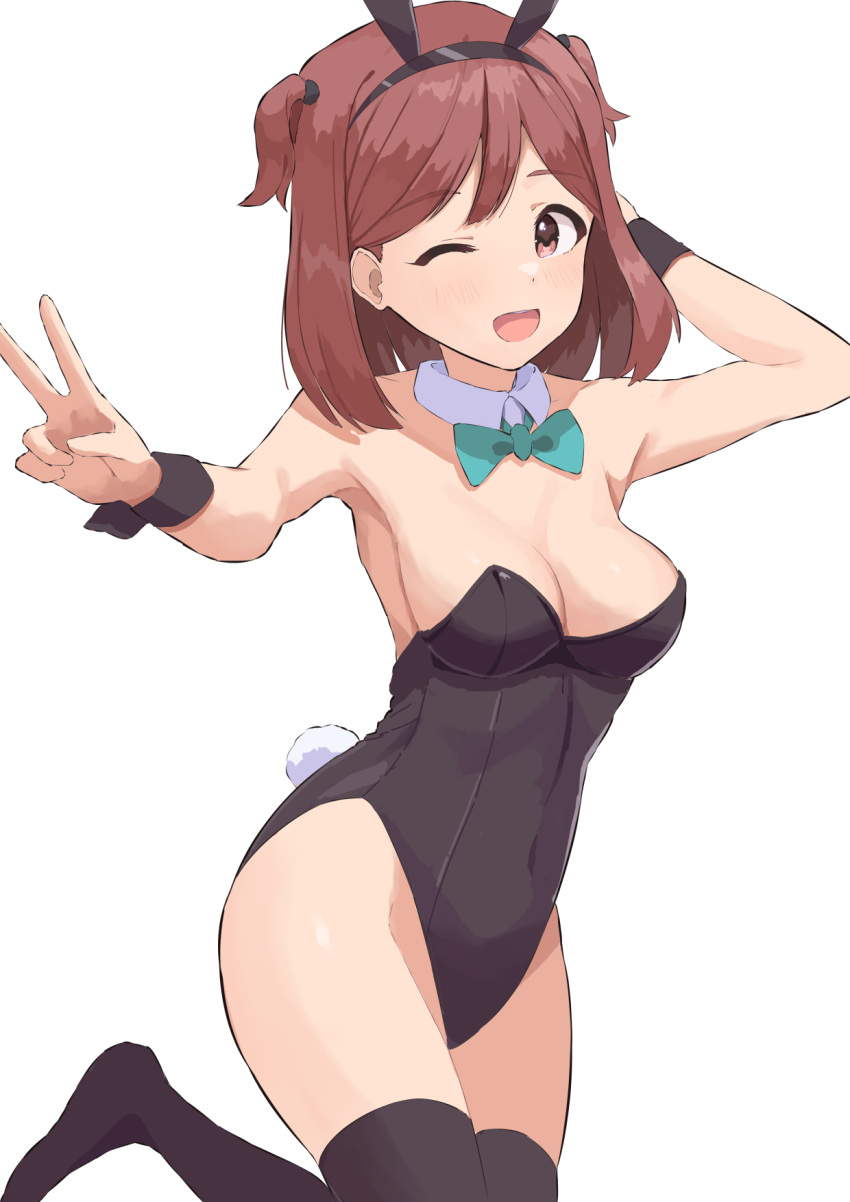 1girl animal_ears aoba_misaki black_leotard black_thighhighs blush bow breasts brown_hair cleavage detached_collar ebifu green_ribbon highres idolmaster idolmaster_million_live! idolmaster_million_live!_theater_days leotard medium_breasts one_eye_closed open_mouth playboy_bunny rabbit_ears rabbit_tail reaching_towards_viewer ribbon short_hair smile solo standing standing_on_one_leg tail thighhighs two_side_up v wrist_cuffs