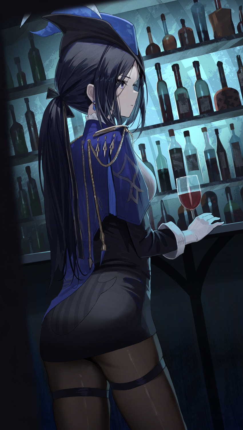 1girl absurdres alcohol bar_(place) black_corset black_dress black_hair black_pantyhose black_ribbon blue_cape blue_headwear bottle cape clorinde_(genshin_impact) corset cup dress drinking_glass earrings epaulettes from_behind genshin_impact gloves hair_ribbon hat hat_feather hidulume highres jewelry long_hair low_ponytail pantyhose pencil_dress purple_eyes ribbon shoulder_cape solo thigh_strap tricorne white_gloves wine wine_bottle wine_glass
