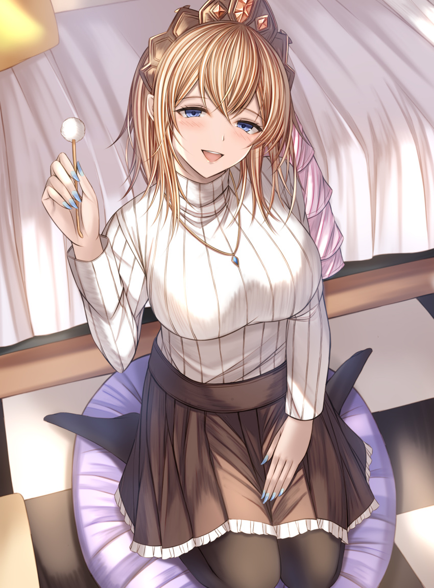 1girl bed blonde_hair blue_eyes blue_nails brown_skirt check_commentary checkered_floor commentary commentary_request diadem europa_(granblue_fantasy) granblue_fantasy highres jewelry kanpyou_(hghgkenfany) kneeling lace-trimmed_skirt lace_trim mimikaki pendant pillow ribbed_sweater skirt solo sweater turtleneck white_sweater