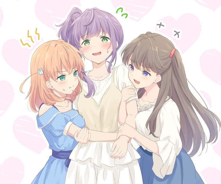 3girls aqua_eyes blue_dress blue_ribbon blue_skirt blush breast_press brown_hair commentary_request dress frilled_dress frills fujishima_megumi green_eyes hair_ornament hair_tie hands_on_another's_arm heart heart_background high_side_ponytail highres hinoshita_kaho light_blush link!_like!_love_live! long_hair love_live! love_triangle medium_hair multiple_girls nervous_smile orange_hair otomune_kozue purple_eyes purple_hair rabbit_hair_ornament ribbon shirt short_hair sidelocks skirt smile soramizuki twintails very_long_hair white_dress white_shirt yuri