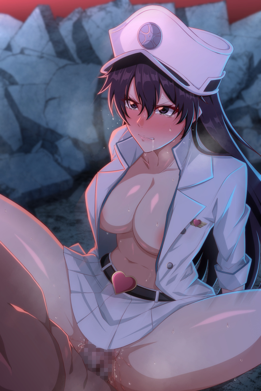 1boy 1girl bambietta_basterbine belt biting black_belt black_hair bleach bleach:_the_thousand-year_blood_war blue_eyes breasts censored clothed_female_nude_male collared_jacket commentary eruu_(eruuman) hair_between_eyes hat heart_belt hetero highres jacket large_breasts lip_biting long_hair looking_at_another military_hat military_jacket mosaic_censoring navel nude open_clothes open_jacket outdoors peaked_cap pleated_skirt quincy_(bleach) rape rubble sex skirt sternritter tearing_up vaginal white_headwear white_jacket white_skirt