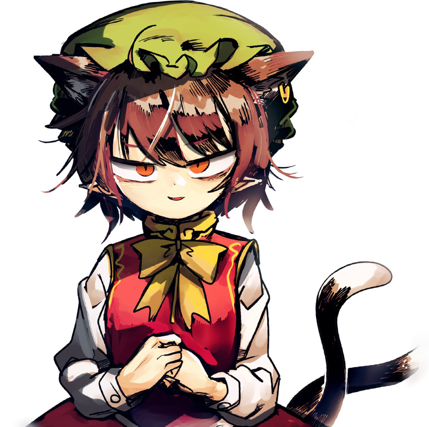 1girl :d animal_ears bow bowtie breasts brown_hair cat_ears cat_tail chen commentary_request extra_ears half-closed_eyes hat highres long_sleeves looking_at_viewer mob_cap multiple_tails nekomata own_hands_together parted_lips piaki pointy_ears red_vest sanpaku simple_background slit_pupils small_breasts smile solo straight-on tail touhou two_tails upper_body vest white_background yellow_bow yellow_bowtie