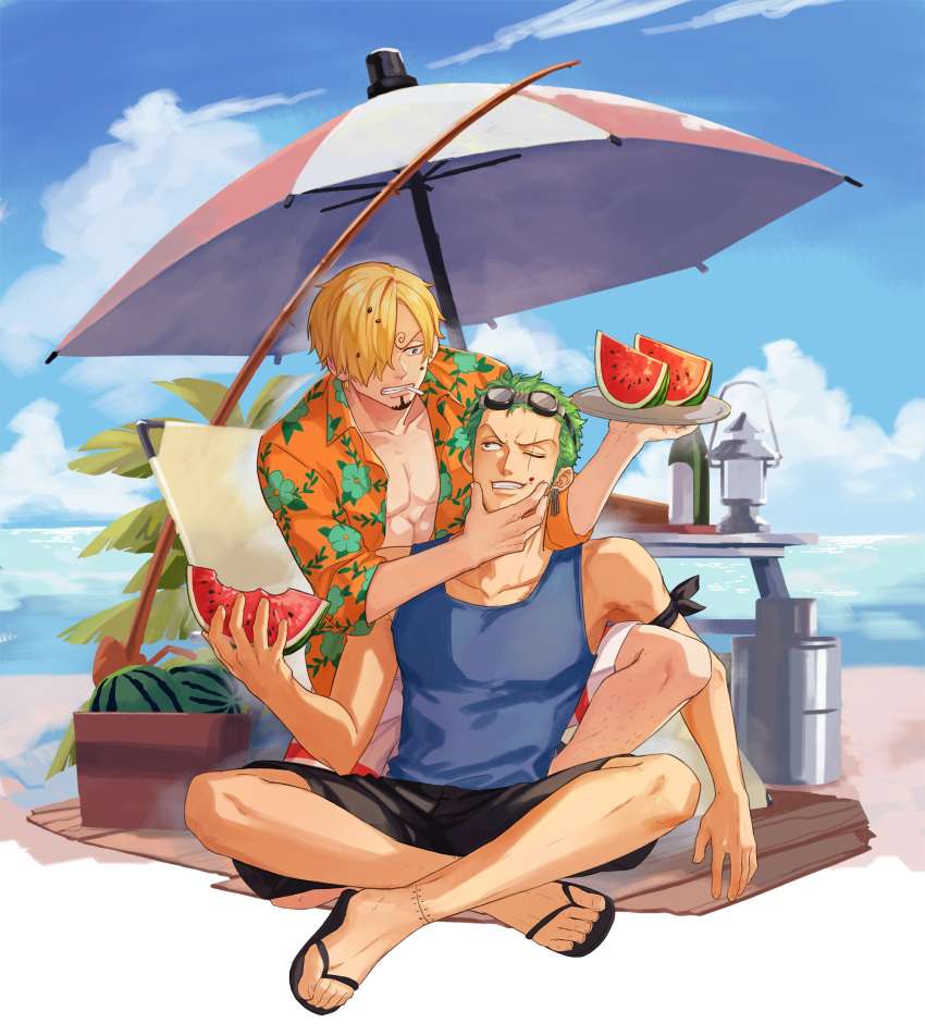 2boys alternate_costume bandana_around_arm beach black_footwear black_shorts blonde_hair blue_eyes blue_tank_top cigarette crossed_legs earrings face_grab facial_hair food food_on_face fruit goggles goggles_on_head green_hair hair_over_one_eye hawaiian_shirt highres holding holding_plate jennyandloiryan jewelry long_sleeves looking_at_another male_focus multiple_boys muscular muscular_male one_piece open_clothes open_shirt plate roronoa_zoro sandals sanji_(one_piece) scar scar_across_eye shirt short_hair shorts tank_top watermelon watermelon_seeds