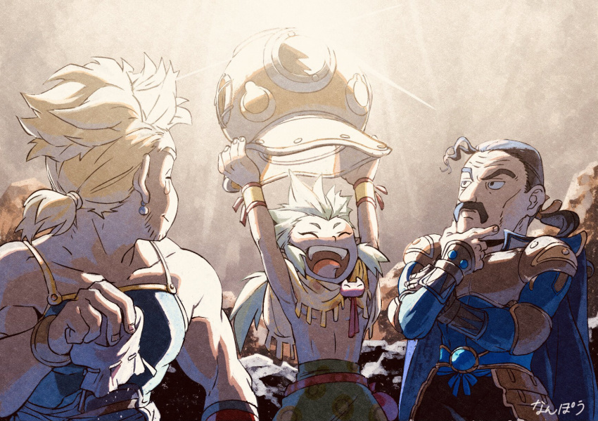 3boys armor blonde_hair cyan_garamonde earrings facial_hair final_fantasy final_fantasy_vi gau green_hair helmet highres jewelry multiple_boys mustache nanpou_(nanpou0021) open_mouth ponytail pouch sabin_rene_figaro smile