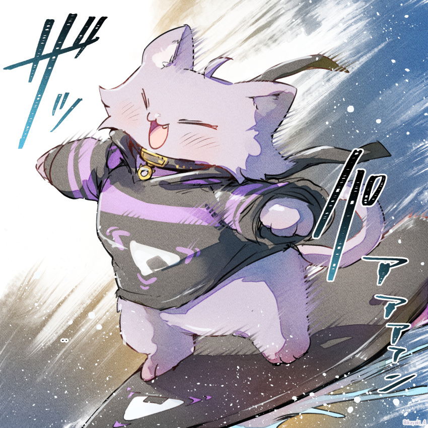 1girl animal animalization black_hoodie blush cat chibi closed_eyes clothed_animal fang highres hololive hood hoodie ikayaki_(ikayaki4) nekomata_okayu nekomata_okayu_(1st_costume) nekomata_okayu_(cat) surfboard surfing virtual_youtuber