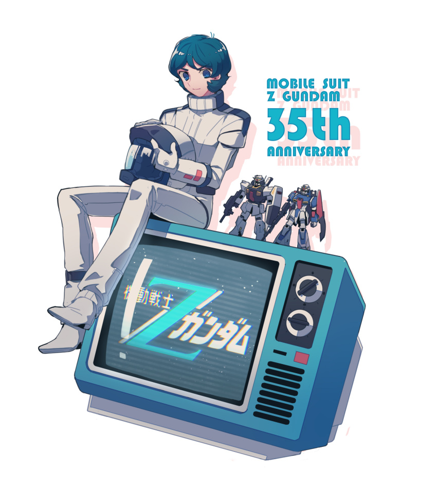 1boy anniversary blue_eyes blue_hair closed_mouth colored_shadow drop_shadow full_body gundam headwear_removed helmet helmet_removed highres holding holding_helmet kamille_bidan looking_at_viewer male_focus mecha old_television pilot_suit pin_(penco_co) robot scanlines shadow short_hair simple_background smile solo space_helmet super_gundam television white_background zeta_gundam zeta_gundam_(mobile_suit)