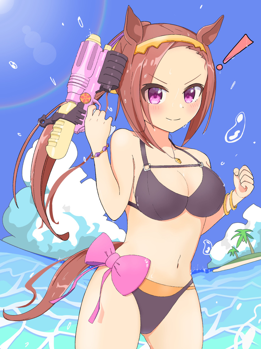 1girl absurdres alternate_costume animal_ears beach bikini black_bikini blush bow bracelet breasts brown_hair cleavage clenched_hand commentary_request cow finger_on_trigger flower-shaped_pupils gold_bracelet hairband highres holding holding_water_gun horse_ears horse_girl horse_tail jewelry large_breasts long_hair looking_at_viewer navel necklace outdoors palm_tree pink_bow pink_eyes ponytail sakura_bakushin_o_(umamusume) sand set sevlhd_hero smile solo swimsuit symbol-shaped_pupils tail tree umamusume v-shaped_eyebrows water water_gun