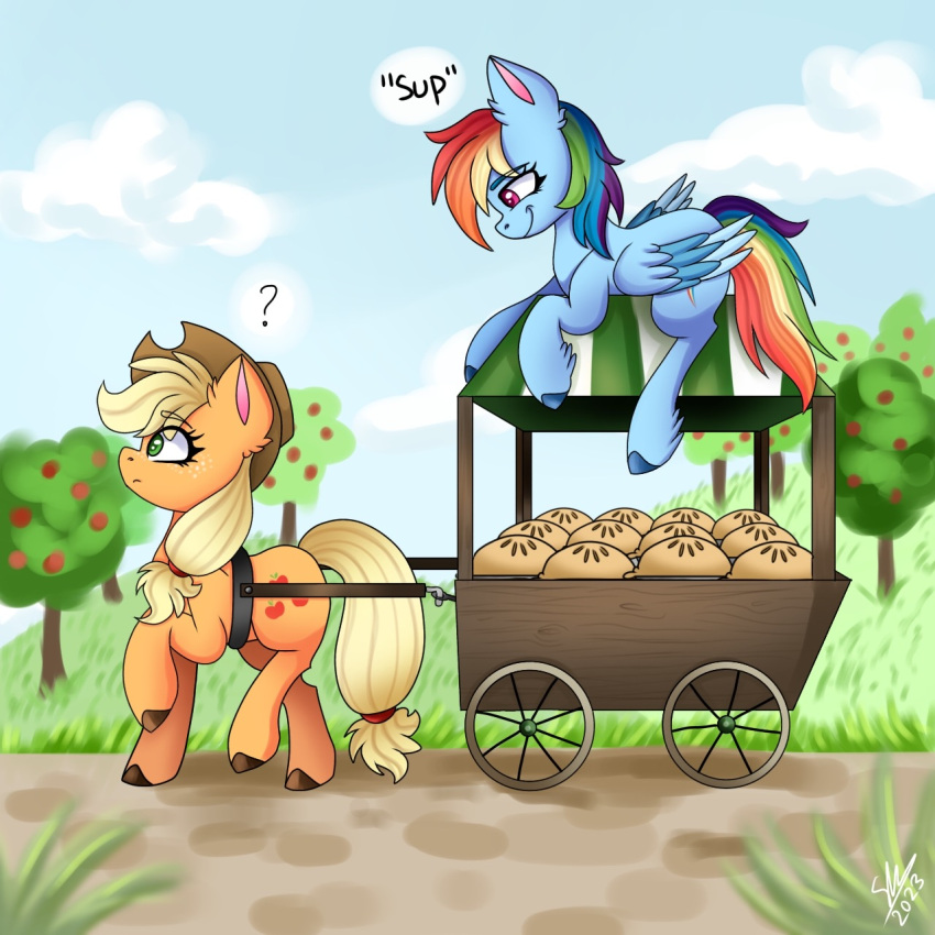 1:1 2023 accessory apple_tree applejack_(mlp) blonde_hair blue_body blue_feathers blue_fur blue_hooves brown_hooves clothing cowboy_hat cutie_mark dessert digital_media_(artwork) duo earth_pony english_text equid equine eyelashes feathered_wings feathers feral food friendship_is_magic fruit_tree fur furgonomics galaxy_swirl grass greeting hair hair_accessory hasbro hat headgear headwear hi_res hooves horse leg_tuft mammal multicolored_hair multicolored_tail my_little_pony orange_body orange_fur outside pegasus pie pink_inner_ear plant pony rainbow_dash_(mlp) rainbow_hair rainbow_tail signature tail tail_accessory text tree tuft wings yellow_tail