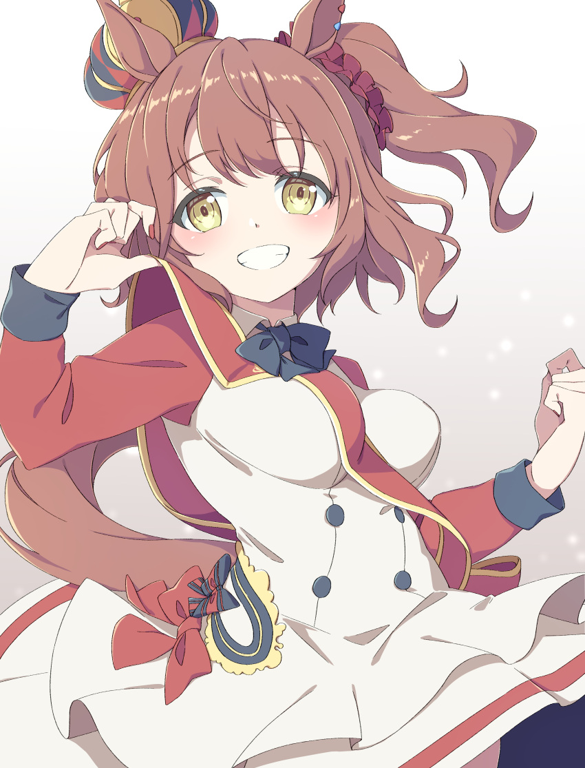 1girl absurdres animal_ears aston_machan_(umamusume) breasts brown_hair crown dress gradient_background grin hair_ornament hair_scrunchie haruka30637139 highres horse_ears horse_girl horse_tail impossible_clothes long_sleeves looking_at_viewer red_shirt sash scrunchie shirt short_hair shoulder_sash side_ponytail small_breasts smile solo tail umamusume upper_body white_dress yellow_eyes
