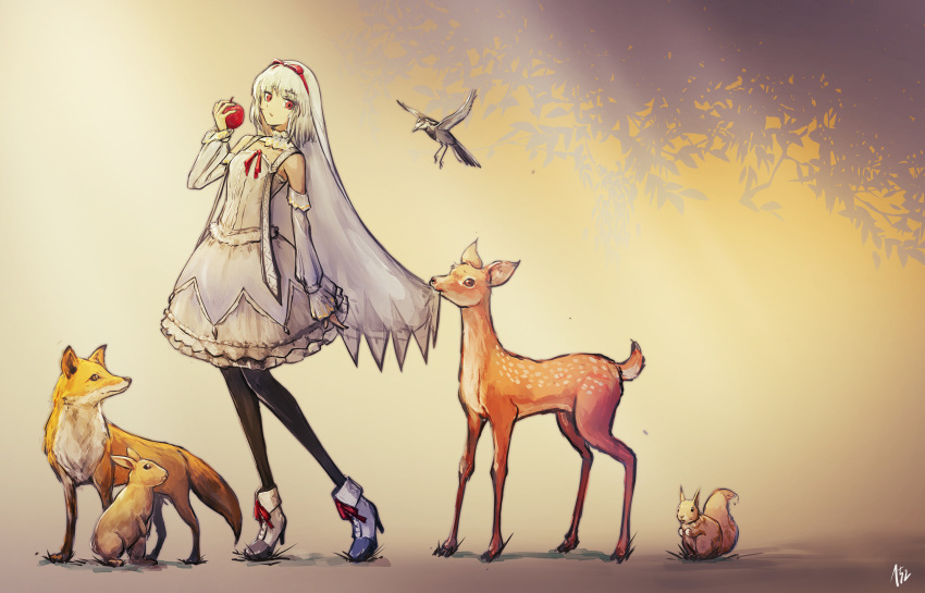 152_in_can 1girl absurdres altera_(fate) alternate_costume animal apple bare_shoulders bird black_pantyhose breasts cherry_blossoms choker dark-skinned_female dark_skin deer detached_sleeves dress fate/grand_order fate_(series) food fox fruit full_body high_heels highres holding holding_food holding_fruit pantyhose rabbit red_eyes short_hair simple_background small_breasts solo squirrel veil white_dress white_footwear white_hair