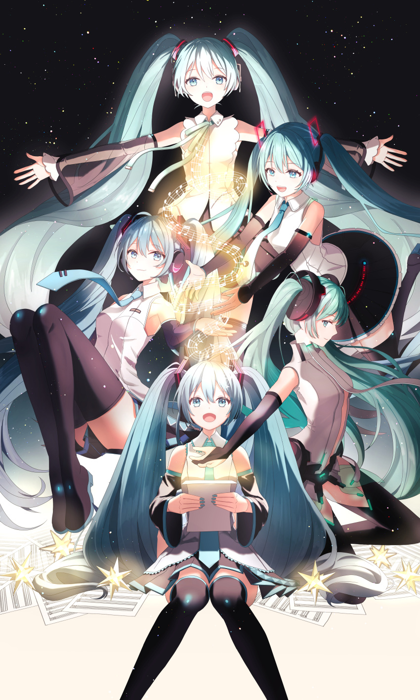 5girls :d absurdres bare_shoulders blue_eyes blue_hair blue_nails blue_necktie boots crypton_future_media detached_sleeves gloves green_hair hatsune_miku hatsune_miku_(append) headphones highres macha_3939 multiple_girls musical_note necktie outstretched_arms partially_fingerless_gloves pleated_skirt sheet_music skirt smile thigh_boots twintails vocaloid vocaloid_append