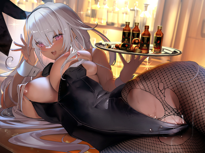 1girl :d absurdres alcohol animal_ears black_leotard black_necktie blurry blurry_background blush breasts depth_of_field fake_animal_ears fishnet_pantyhose fishnets hair_between_eyes highres holding holding_tray huge_nipples indoors kaede_(sayappa) large_breasts leotard leotard_pull long_hair looking_at_viewer lying necktie no_bra no_panties on_side original pantyhose pink_eyes playboy_bunny pussy_juice rabbit_ears saliva saliva_trail sidelocks skindentation smile solo sparkle strap_pull sweat tan teeth torn_clothes torn_pantyhose tray upper_teeth_only very_long_hair white_hair wide_hips wrist_cuffs