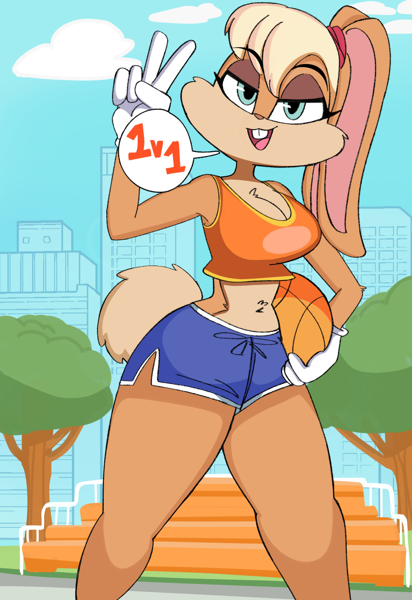 absurd_res anthro ball basketball_(ball) bleachers bottomwear breasts buckteeth cleavage clothed clothing ears_down female gesture hi_res lagomorph leporid lola_bunny looney_tunes mammal midriff onibi open_mouth pivoted_ears plant rabbit shirt shorts solo tank_top teeth thick_thighs topwear tree v_sign warner_brothers