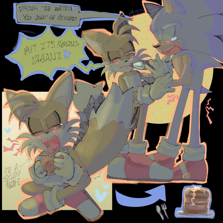 ! !! 2boys closed_eyes dasani english_commentary english_text feeding food force-feeding furry furry_male highres holding holding_food male_focus multiple_boys one_eye_closed pancake pancake_stack sitting sonic_(series) sonic_the_hedgehog tails_(sonic) tears teeth thementha upper_teeth_only worried
