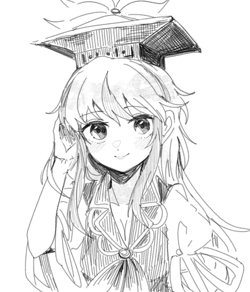 1girl arm_up bangs blush closed_mouth crosshatching greyscale hair_tucking hand_in_own_hair hat hatching_(texture) highres itomugi-kun kamishirasawa_keine linear_hatching long_hair looking_at_viewer monochrome multicolored_hair neckerchief puffy_short_sleeves puffy_sleeves short_sleeves simple_background sketch smile solo split_mouth straight-on streaked_hair swept_bangs tokin_hat touhou white_background