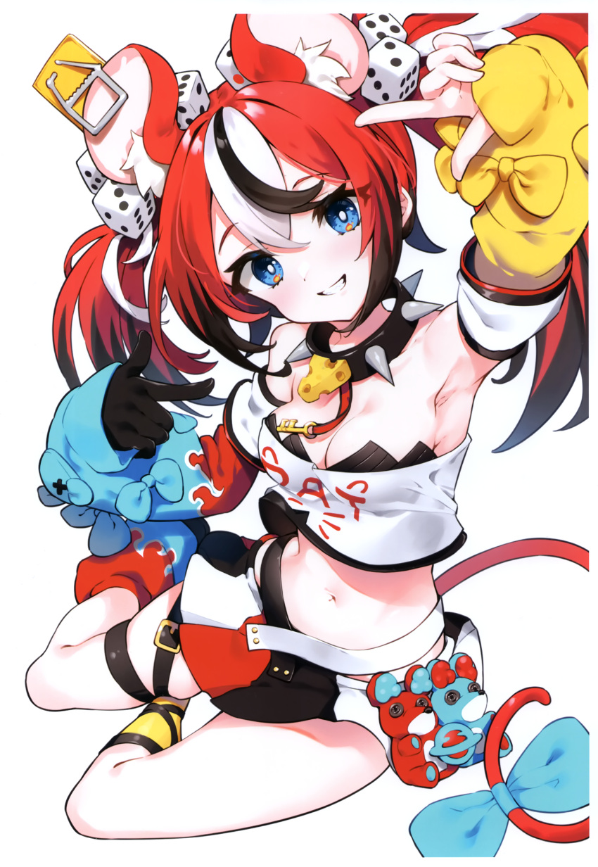 1girl absurdres animal_ears arm_up armpits asymmetrical_sleeves bare_shoulders black_gloves black_hair blue_bow blue_eyes blue_sleeves bow breasts cleavage crop_top detached_sleeves dice_hair_ornament gloves grin hair_between_eyes hair_ornament hakos_baelz hand_up head_tilt highres hololive hololive_english kutata layered_skirt long_sleeves looking_at_viewer medium_breasts midriff mismatched_sleeves mouse_ears mouse_girl mouse_tail mousetrap multicolored_clothes multicolored_hair multicolored_skirt navel off_shoulder puffy_long_sleeves puffy_sleeves red_hair scan shirt simple_background single_glove sitting skirt smile solo strapless strapless_shirt streaked_hair tail tail_bow tail_ornament twintails two-tone_hair virtual_youtuber white_background white_hair white_shirt white_skirt yellow_sleeves