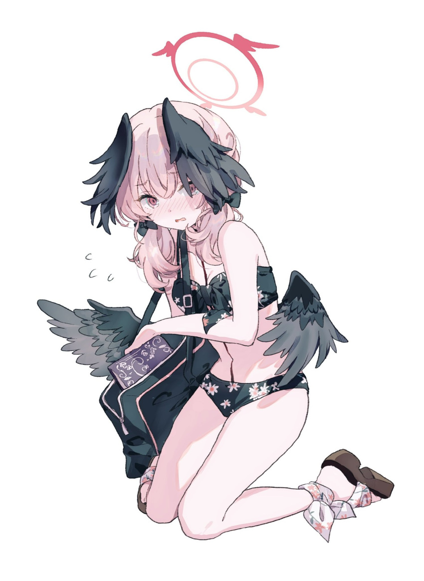1girl ankle_ribbon bag bikini black_bag black_bikini black_bow black_wings blue_archive blush bow breasts feathered_wings floral_print flying_sweatdrops front-tie_bikini_top front-tie_top full_body hair_bow hair_over_shoulder halo head_wings highres koharu_(blue_archive) koharu_(swimsuit)_(blue_archive) leg_ribbon long_hair low_twintails low_wings migolu nose_blush official_alternate_costume parted_lips pink_eyes pink_hair pink_halo print_bikini ribbon sandals shoulder_bag simple_background small_breasts solo spaghetti_strap swimsuit twintails wavy_mouth white_background white_ribbon wings