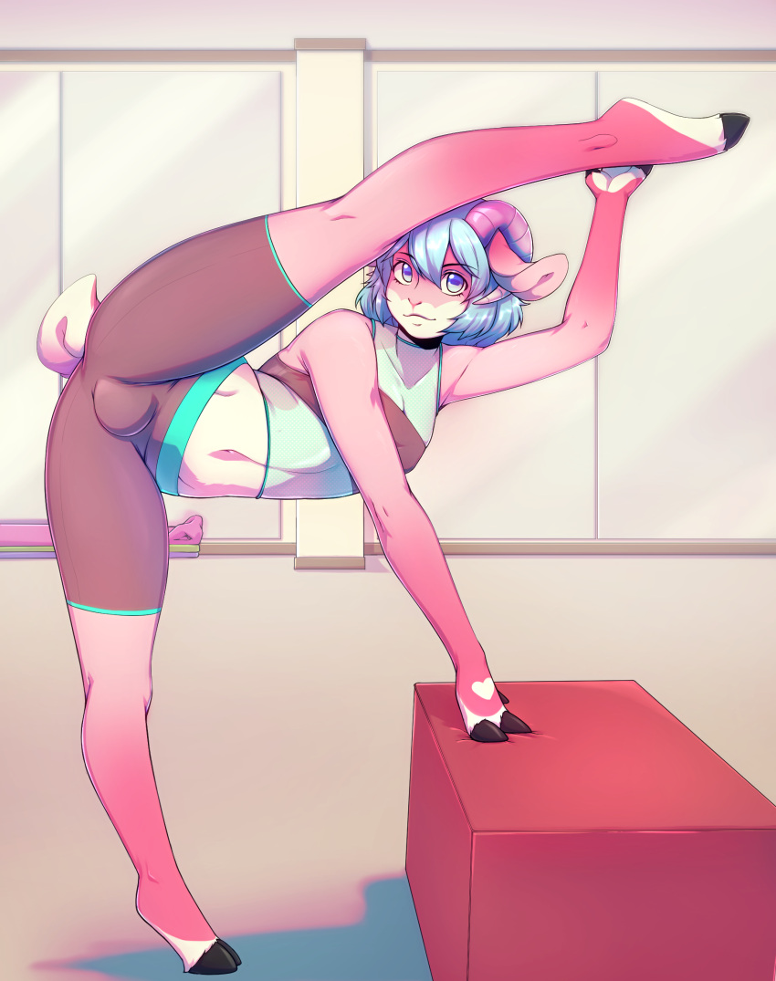 absurd_res anthro blue_hair bovid bulge caprine clothed clothing crop_top flexible fur girly gymnast hair hi_res hooves horn legwear looking_at_viewer magus_nylrem male mammal midriff pink_body pink_fur sheep shirt solo suelix tights topwear