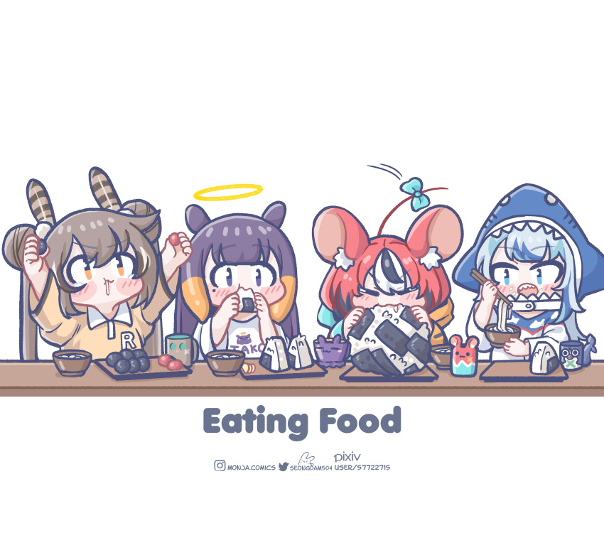 4girls alternate_costume alternate_hairstyle animal_ears black_hair blush_stickers brown_hair chibi chopsticks double_bun eating english_text feather_hair_ornament feathers food gawr_gura green_hair grey_hair hair_bun hair_ornament hakos_baelz halo highres holding holding_chopsticks hololive hololive_english instagram_username monja_(monja0521) mouse_ears multiple_girls nanashi_mumei ninomae_ina'nis noodles onigiri pixiv_username red_hair simple_background tentacle_hair twintails twitter_username udon virtual_youtuber white_background