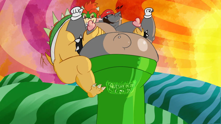 absurd_res belly big_belly big_moobs bowser clothing elephant elephant_mario elephantid gloves grope groping_from_behind hand_on_chest handwear hat headgear headwear hi_res koopa looking_at_another male mammal mario mario_bros moobs nintendo overweight overweight_male proboscidean scalie shell spiked_shell spikes spikes_(anatomy) squishy_bloo stuck_in_pipe super_mario_bros_wonder