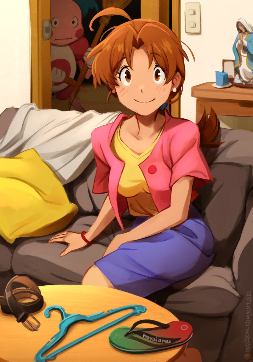 1girl absurdres ahoge broom brown_eyes brown_hair commentary delia_ketchum highres holding holding_broom indoors khyle. long_hair mr._mime pokemon pokemon_(creature) pokemon_(game)