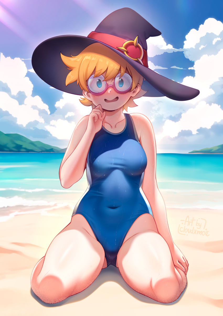 1girl beach blue_eyes blue_one-piece_swimsuit blue_sky blush breasts cloudxmoe covered_navel day glasses hat highres horizon little_witch_academia looking_at_viewer lotte_jansson medium_breasts ocean one-piece_swimsuit open_mouth orange_hair outdoors revision sand shiny_skin short_hair sky smile solo swimsuit witch_hat