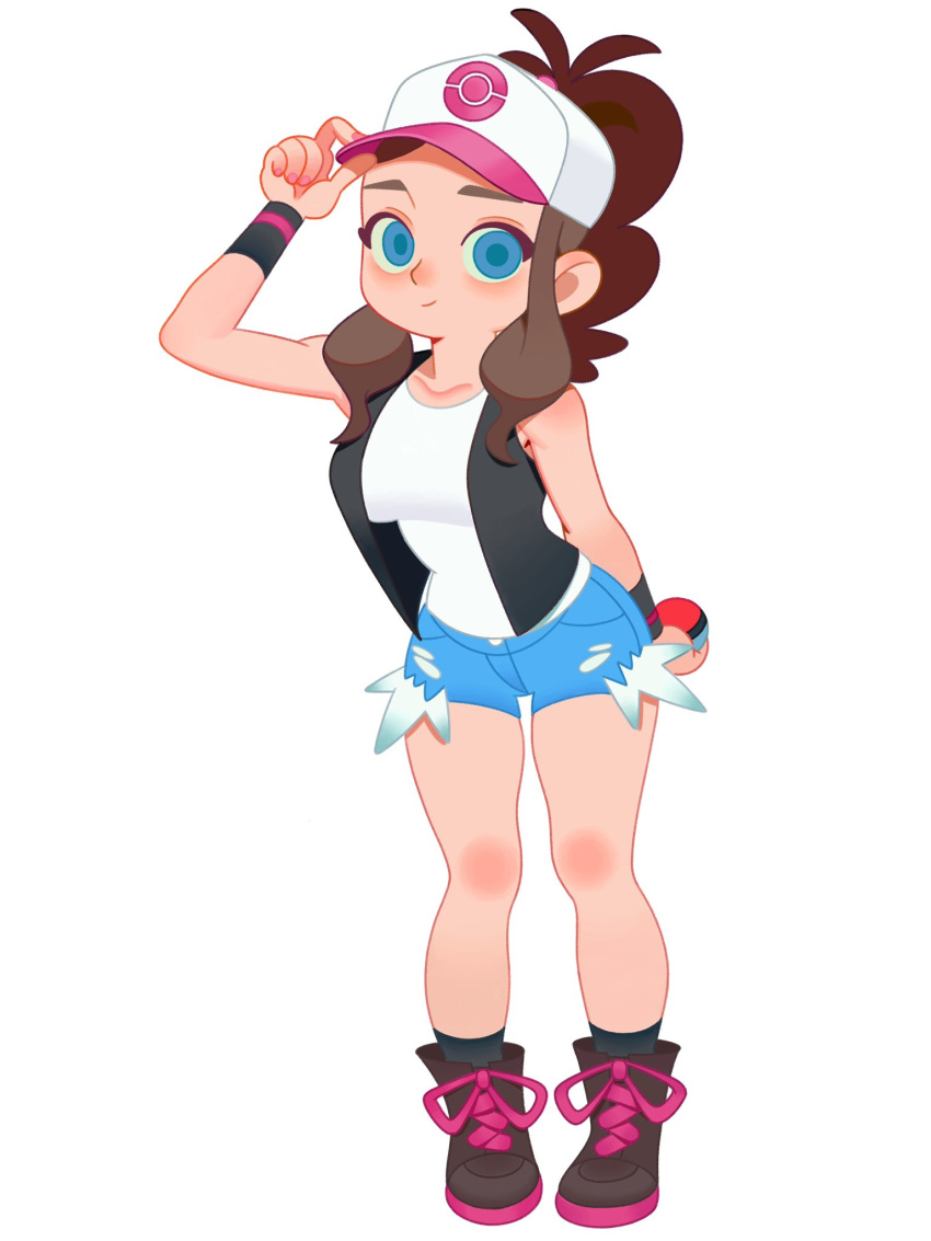 1girl arm_up baseball_cap blue_eyes breasts brown_hair closed_mouth collarbone denim denim_shorts full_body hat high_ponytail highres hilda_(pokemon) holding holding_poke_ball long_hair looking_at_viewer monster_l_(hochihochiha) poke_ball pokemon ponytail shirt short_shorts shorts sidelocks smile solo standing vest white_shirt wristband