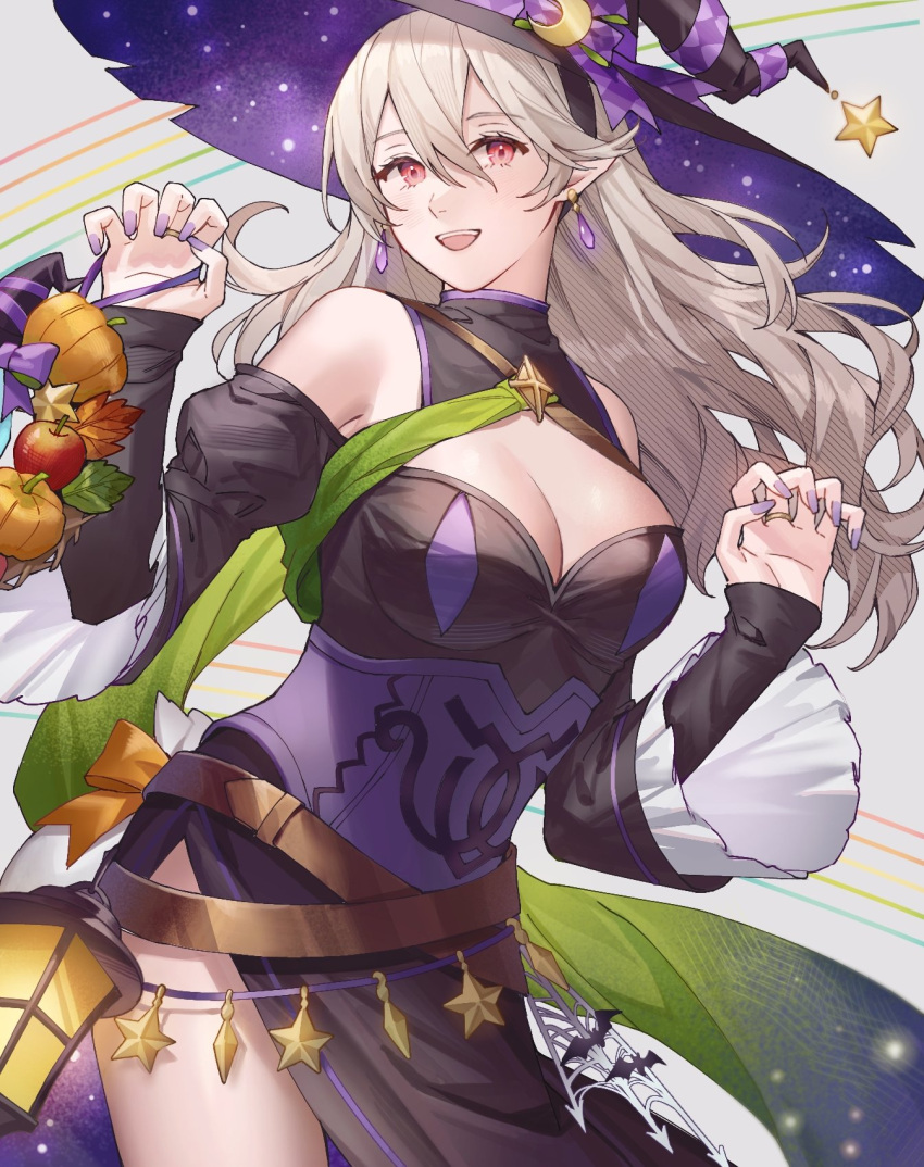 1girl ai_tkkm belt black_dress black_hairband breasts brown_belt cleavage commentary_request corrin_(female)_(fire_emblem) corrin_(female)_(halloween)_(fire_emblem) corrin_(fire_emblem) crossed_belts detached_sleeves dress earrings fingernails fire_emblem fire_emblem_fates fire_emblem_heroes floating_hair grey_background grey_hair hair_between_eyes hairband halloween halloween_costume hat highres jewelry long_hair looking_at_viewer medium_breasts official_alternate_costume open_mouth pointy_ears purple_nails red_eyes smile solo teeth upper_teeth_only wavy_hair witch witch_hat