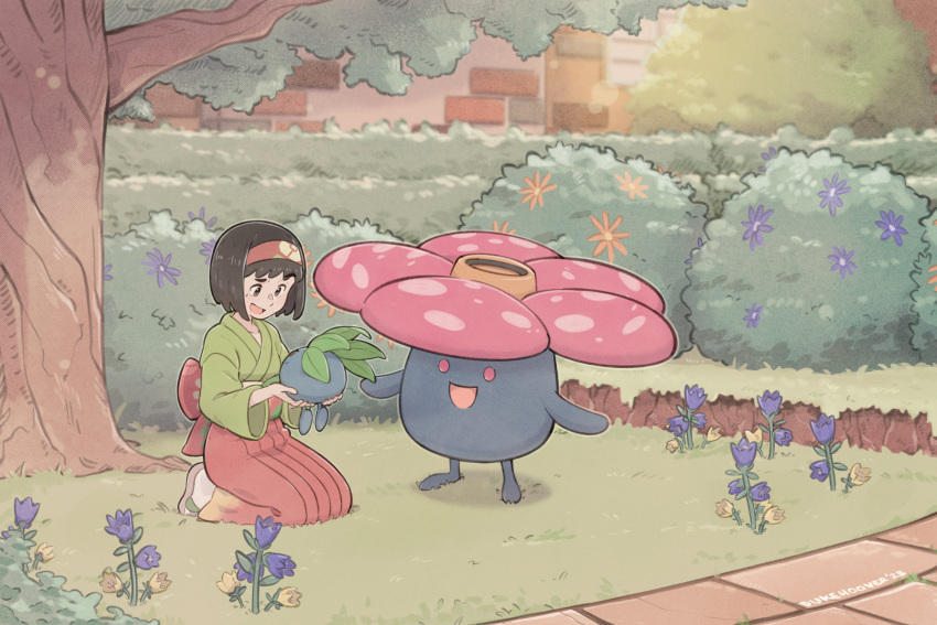 1girl :d absurdres black_hair brick_wall bush dukehooverart erika_(pokemon) floral_print flower grass green_kimono hairband hakama hakama_skirt highres holding holding_pokemon japanese_clothes kimono looking_down oddish open_mouth pokemon pokemon_(creature) pokemon_(game) pokemon_lgpe purple_flower red_hairband red_hakama sandals short_hair sitting skirt smile socks tree vileplume white_socks