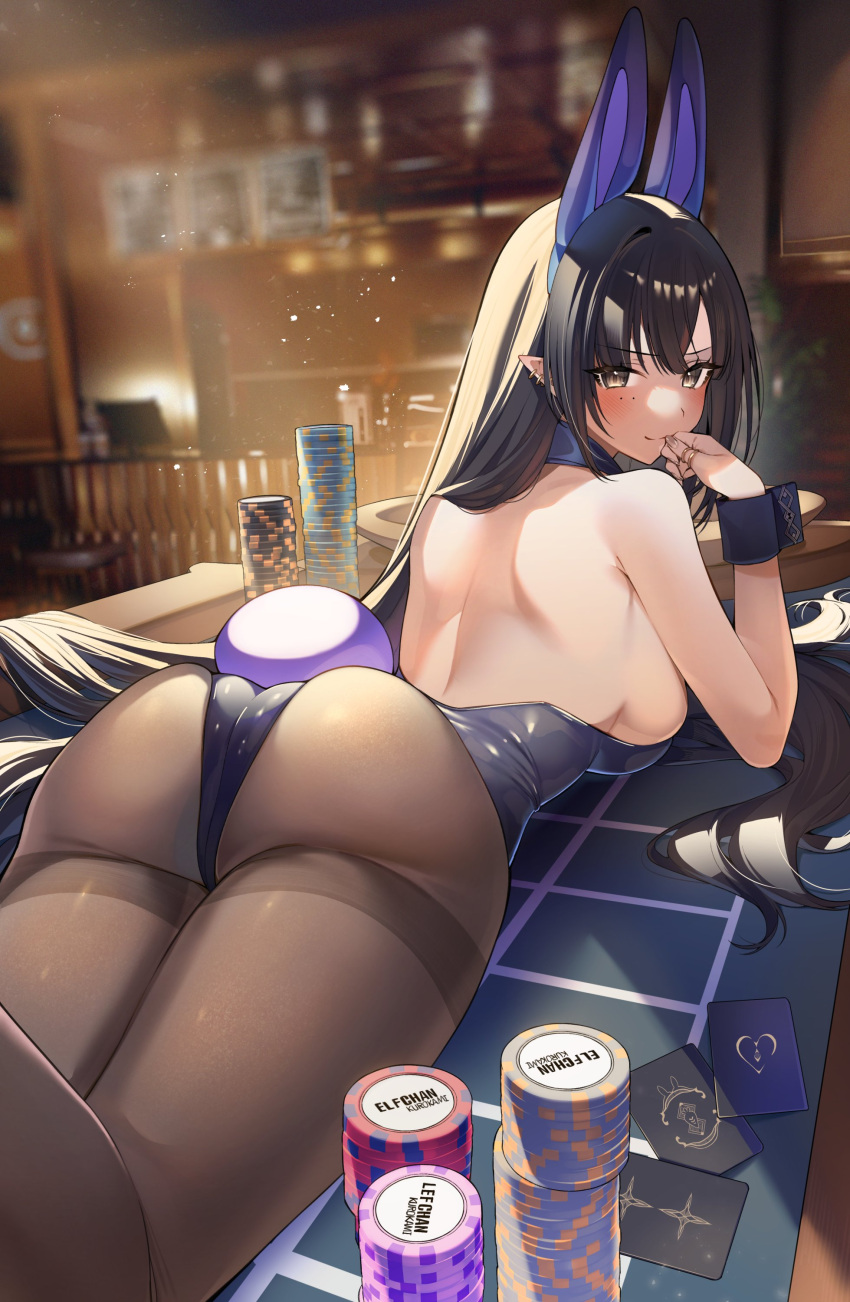 1girl absurdres animal_ears ass back bangs bar_(place) black_hair blush breasts card character_request copyright_request finger_to_mouth from_behind hair_between_eyes hand_on_own_cheek hand_on_own_face highres indoors large_breasts leotard long_hair looking_at_viewer lying on_stomach on_table pantyhose playboy_bunny playing_card poker_chip poker_table purple_leotard rabbit_ears rabbit_tail sino42 skindentation solo strap table tail thighband_pantyhose very_long_hair wrist_cuffs