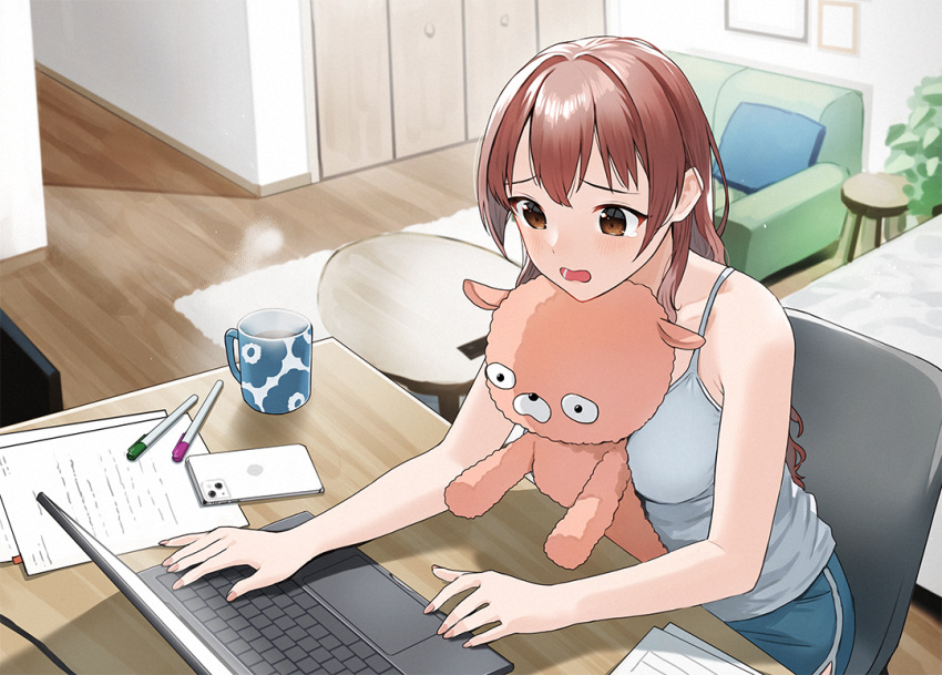 1girl between_breasts blue_shorts blush breasts brown_eyes brown_hair carpet cellphone chair coffee_mug computer couch cup desk doushimasho floor grey_tank_top indoors laptop long_hair marker mug nail_polish office_chair open_mouth original paper papers phone pillow pink_nails plant potted_plant shorts smartphone stool stuffed_animal stuffed_toy swivel_chair table tank_top teddy_bear teeth wooden_desk wooden_floor wooden_stool wooden_table