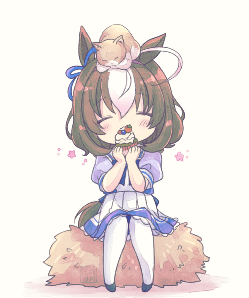 1girl ahoge animal_ears animal_on_head arai_cherry black_footwear blush brown_hair cat cat_on_head chibi closed_mouth covering_mouth cupcake food full_body hairband highres holding holding_food horse_ears horse_girl horse_tail meisho_doto_(umamusume) multicolored_hair on_head purple_shirt school_uniform seal_impression shirt short_sleeves sitting skirt solo tail thighhighs tracen_school_uniform two-tone_hair umamusume watermark white_skirt white_thighhighs