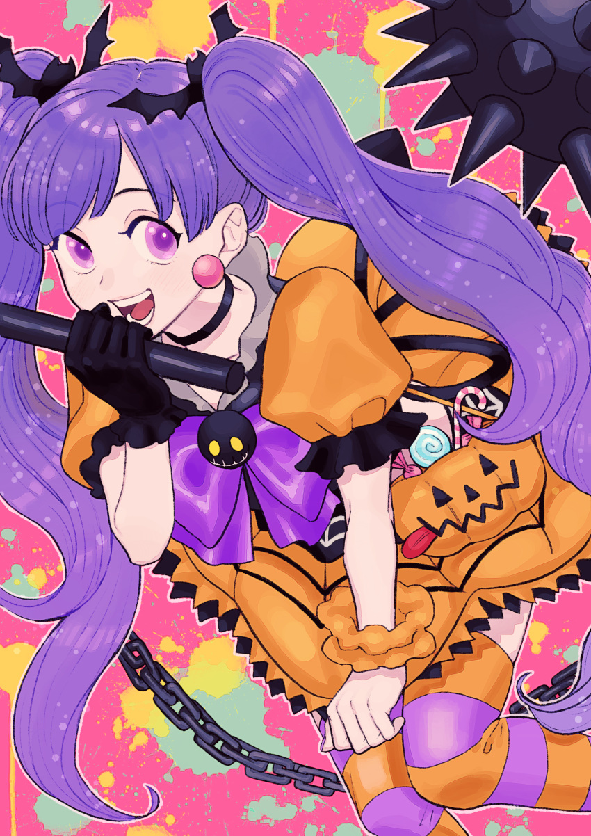 1girl absurdres ball_and_chain_(weapon) bat_hair_ornament black_choker black_gloves bow bowtie candy choker commentary_request crop_top earrings feet_out_of_frame food gloves hair_ornament halloween halloween_bucket highres holding holding_weapon jewelry kuzunosuke0919 leaning_forward light_blush long_hair looking_at_viewer magical_girl mahou_shoujo_minky_pinky multicolored_background napoli_no_otokotachi open_mouth orange_skirt orange_sleeves orange_thighhighs pink_background pink_eyes print_skirt purple_bow purple_bowtie purple_eyes purple_hair purple_thighhighs scrunchie single_glove skirt skirt_tug smile solo spider_web_print spiked_ball_and_chain splatter_background striped striped_thighhighs thighhighs twintails two-tone_eyes two-tone_thighhighs weapon wrist_scrunchie