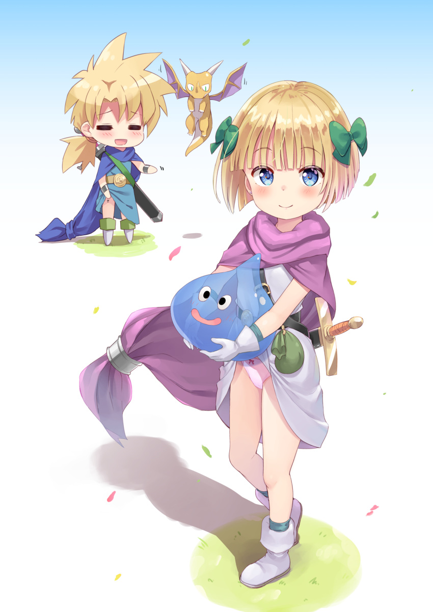 1boy 1girl 2others absurdres belt_pouch blonde_hair blue_cape blue_eyes blue_tunic blunt_bangs blush boots bow bow_panties breasts brother_and_sister cape child closed_eyes clothes_lift commentary_request dragon dragon_kid_(dragon_quest) dragon_quest dress dress_lift ear_piercing female_child full_body green_bow hair_bow hero's_daughter_(dq5) hero's_son_(dq5) highres lifted_by_self male_child multiple_others paid_reward_available panties piercing pink_panties ponytail pouch purple_cape red_bow short_hair siblings slime_(creature) slime_(dragon_quest) small_breasts standing sword tenjou_ryuka underwear weapon white_dress white_footwear