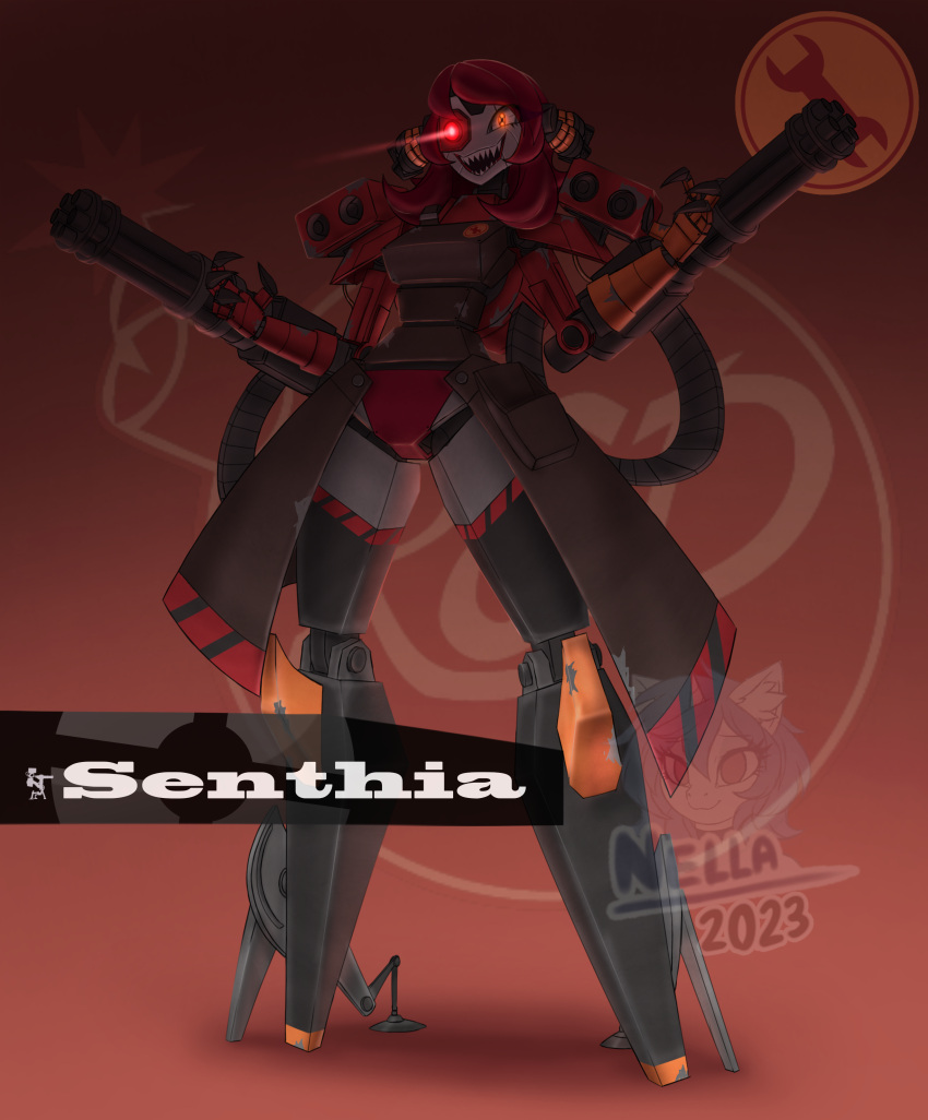 absurdres diamond_nella explosive gatling_gun grenade grenade_hair_ornament highres humanoid_robot machine mechanical_arms mechanical_legs minigun missile_pod open_mouth orange_eyes original red_eyes red_hair robot robot_girl senthia sentry sharp_teeth solo team_fortress_2 teeth tripod