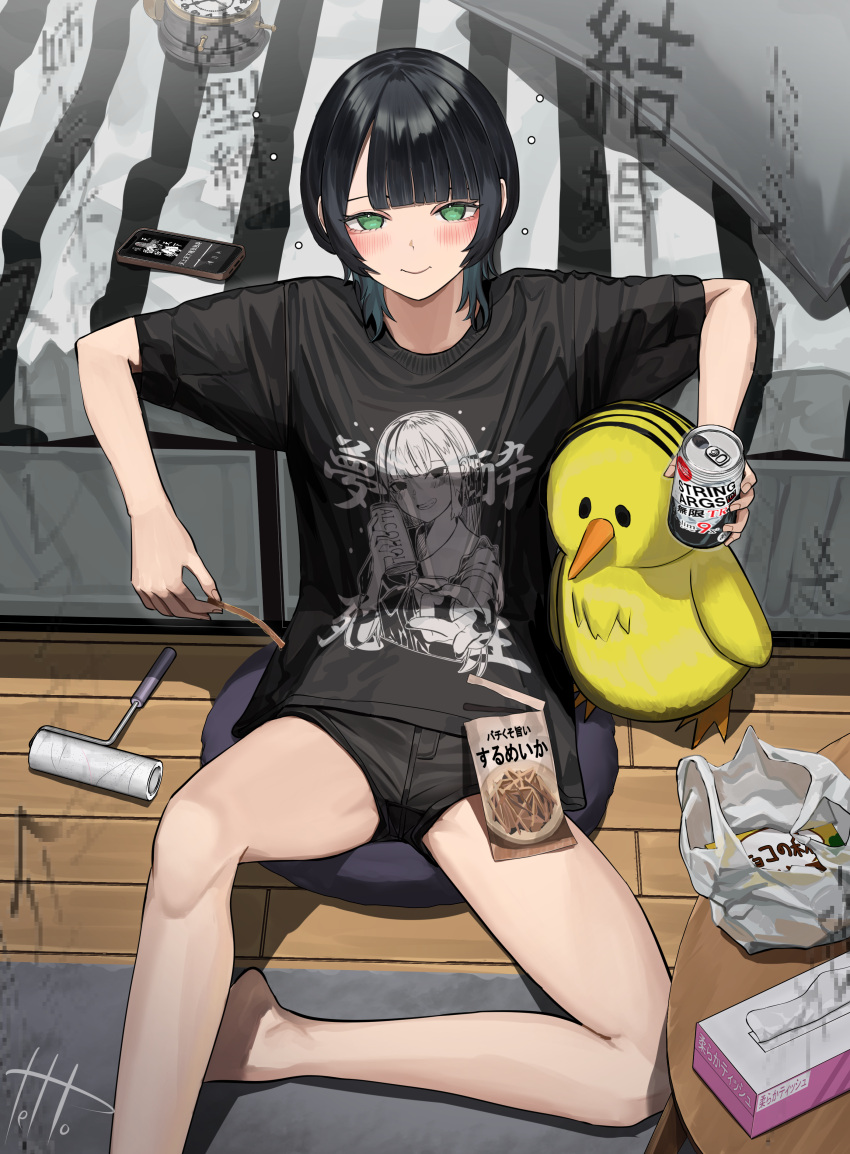 1girl absurdres alcohol bag black_hair blue_hair cellphone colored_inner_hair commentary douryou_(buta5813) drunk green_eyes highres indoors lint_roller multicolored_hair original partially_translated phone plastic_bag shirt short_shorts shorts sitting smartphone solo stuffed_toy t-shirt tetto_(onnoveltet) tissue_box translation_request two-tone_hair wolf_cut
