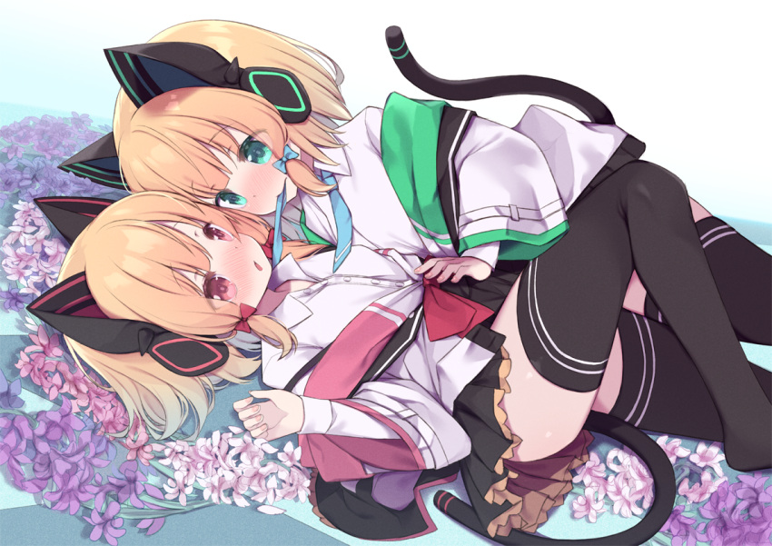 2girls animal_ear_headphones animal_ears arashiya black_skirt black_thighhighs blonde_hair blue_archive blue_necktie blush cat_ear_headphones cat_ears cat_tail coat eye_contact face-to-face fake_animal_ears fake_tail flower green_eyes hand_on_another's_stomach headphones incest knee_up lily_(flower) looking_at_another lying midori_(blue_archive) miniskirt momoi_(blue_archive) mouth_hold multiple_girls necktie necktie_grab neckwear_grab no_shoes off_shoulder on_back on_side open_mouth pleated_skirt red_eyes ribbon shirt short_hair siblings sisters skirt tail thighhighs thighs twincest twins white_coat white_shirt yuri