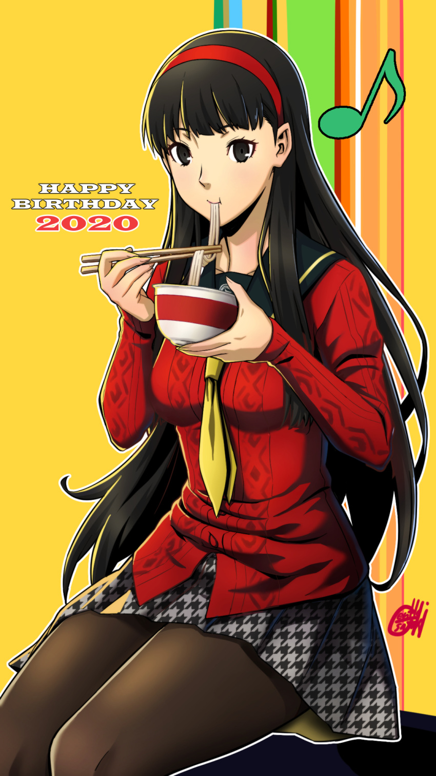 1girl :t amagi_yukiko black_hair bowl breasts brown_pantyhose chopsticks collarbone commentary_request dated eating eyelashes feet_out_of_frame fine_fabric_emphasis food gentle_sasaki grey_eyes grey_skirt hairband hands_up happy_birthday highres holding holding_bowl holding_chopsticks long_hair long_sleeves looking_at_viewer medium_breasts miniskirt musical_note necktie noodles pantyhose persona persona_4 pleated_skirt red_hairband red_shirt sailor_collar school_uniform shirt sidelocks signature sitting skirt solo thighs very_long_hair yasogami_school_uniform yellow_background yellow_necktie