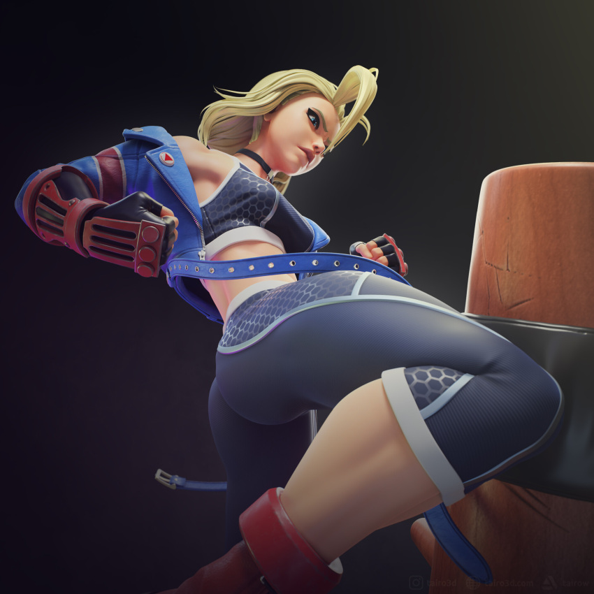 blonde_hair blue_eyes cammy_white capcom choker gauntlets highres jacket kicking padding simple_background street_fighter wood