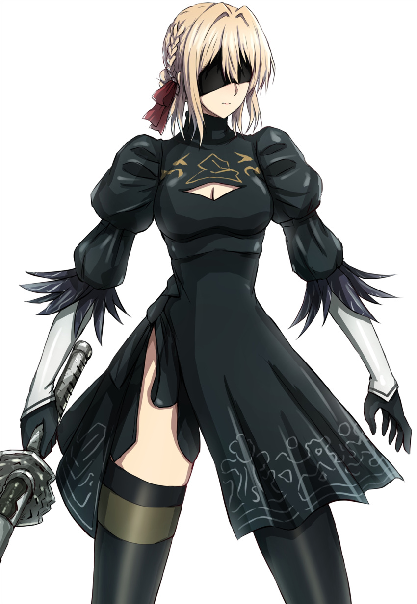 1girl black_blindfold black_dress black_gloves black_thighhighs blindfold blonde_hair braid breasts cleavage_cutout closed_mouth clothing_cutout commentary_request cosplay dress gloves hair_ribbon highres holding holding_sword holding_weapon ishikawa_yui medium_breasts nier:automata nier_(series) omachi_(slabco) red_ribbon ribbon short_hair simple_background solo sword thighhighs thighs violet_evergarden violet_evergarden_(series) voice_actor_connection weapon white_background yorha_no._2_type_b yorha_no._2_type_b_(cosplay) zettai_ryouiki