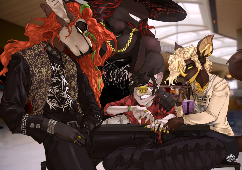 anthro bat beverage black_body black_boots black_clothing black_footwear boots brown_body brown_fur bubble_tea canid canid_demon canine canis clenched_teeth clothed clothing collar demon digital_media_(artwork) ear_piercing facial_piercing footwear fur furniture goth group hair hat headgear headwear heavy_metal hellhound hi_res highlights_(coloring) jewelry kangaroo legwear lips long_shirt macropod male male/male mall mammal marsupial muscular muscular_anthro muscular_male necklace nose_piercing nose_ring patting_shoulder piercing ravios ring ring_piercing satanic shirt sitting size_difference smile sombrero stoven_(xdarkspace) table tank_top teeth topwear vest white_body white_hair wolf xdarkspace yellow_eyes yellow_nose