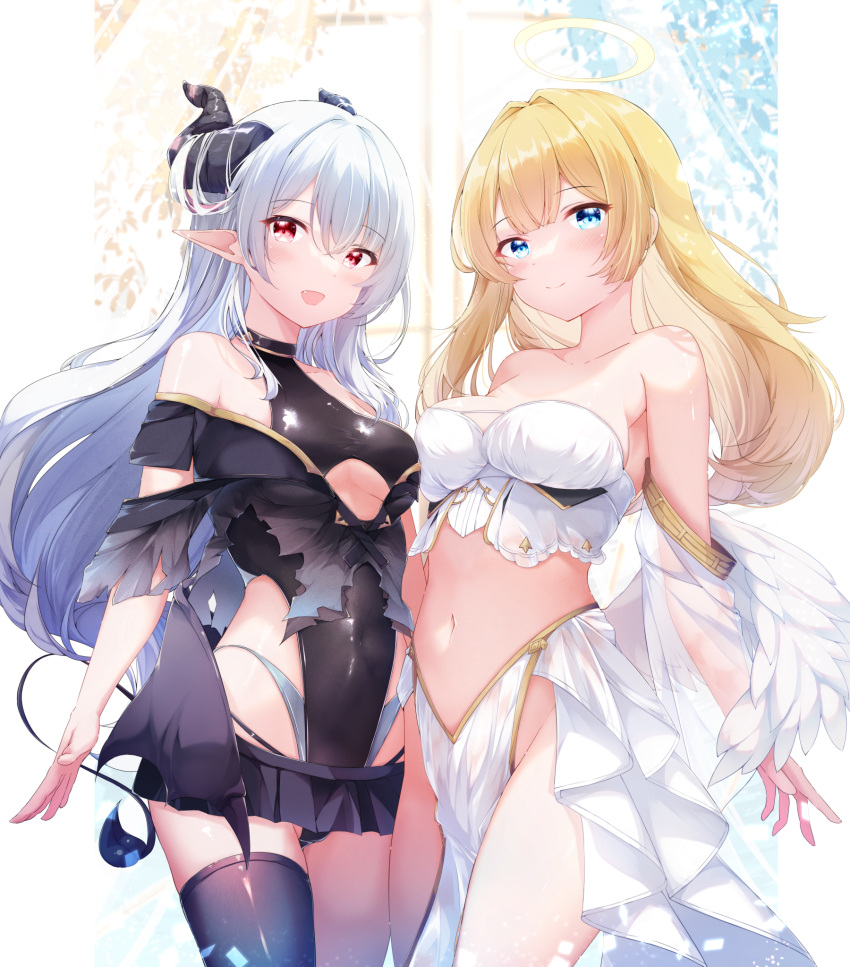 2girls angel_and_devil angel_wings bandeau bare_shoulders black_leotard black_shirt black_skirt blonde_hair blue_eyes breasts closed_mouth clothing_cutout covered_navel cowboy_shot crop_top demon_girl demon_horns demon_tail demon_wings detached_sleeves fang feathered_wings fuuna gold_trim grey_panties hair_intakes halo highleg highleg_leotard highleg_panties highres horns leotard long_hair looking_at_viewer medium_breasts microskirt midriff multiple_girls navel no_panties off-shoulder_shirt off_shoulder open_mouth original panties pelvic_curtain pleated_skirt pointy_ears red_eyes revealing_clothes see-through shirt single_thighhigh skirt smile standing stomach strapless string_panties tail thighhighs thighs torn_clothes torn_shirt tube_top underboob underboob_cutout underwear white_hair white_skirt wings