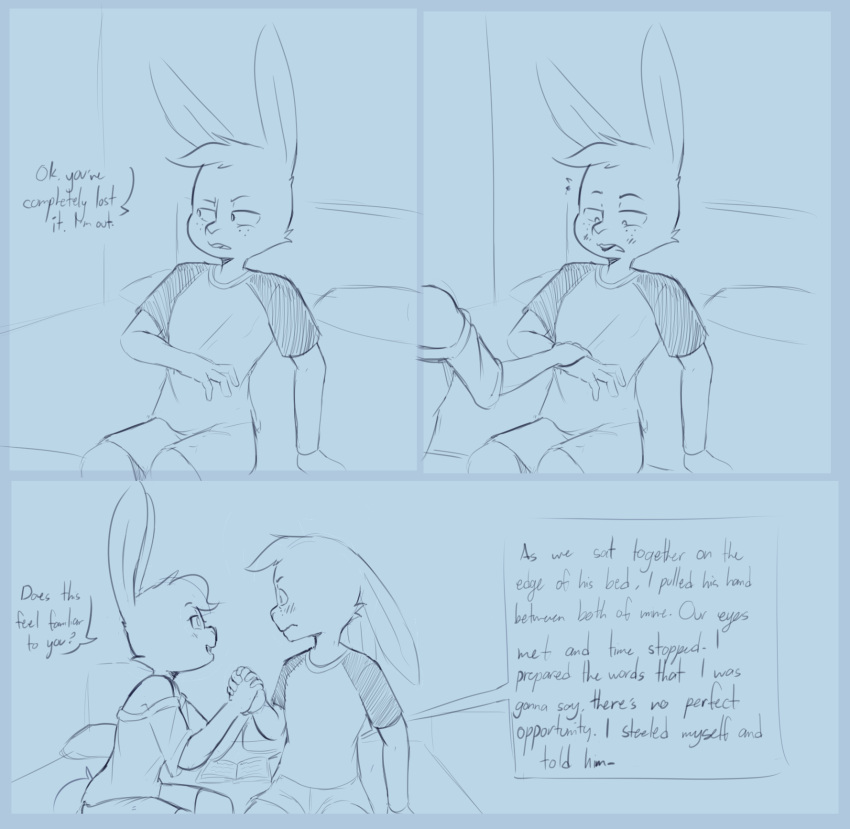 agidyne anthro bed blush bottomwear clothing cousins_(lore) dialogue duo female furniture hand_grab hand_holding head_tuft hi_res implied_incest lagomorph leporid male male/female mammal on_bed open_book rabbit romantic rose_(agidyne) shorts simple_background sitting sitting_on_bed sleeveless_topwear stephen_(agidyne) text tuft