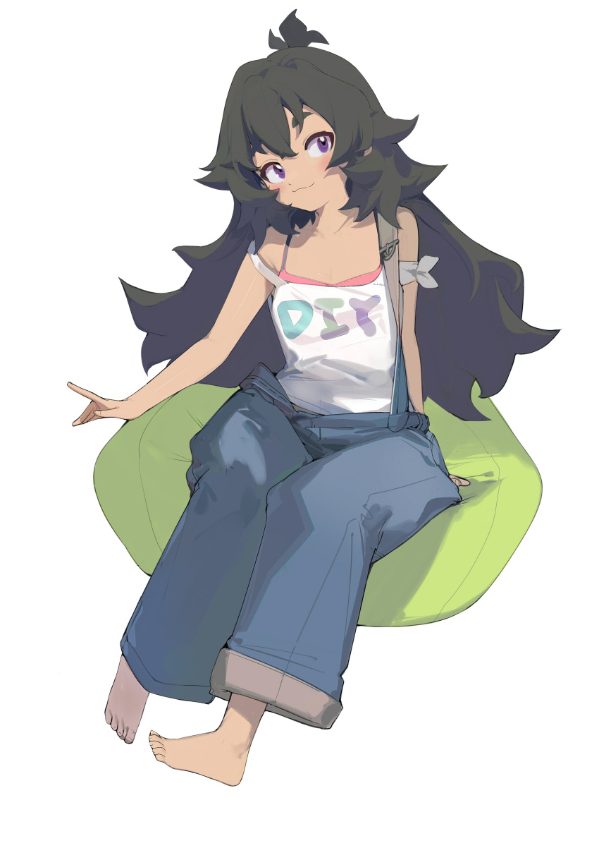 1girl absurdres barefoot bean_bag_chair black_hair blue_overalls blush closed_mouth clothes_writing do_it_yourself!! hair_between_eyes highres kouki_kokoro long_hair looking_at_viewer off_shoulder overalls prossss purple_eyes shirt simple_background sitting solo tank_top white_background white_tank_top