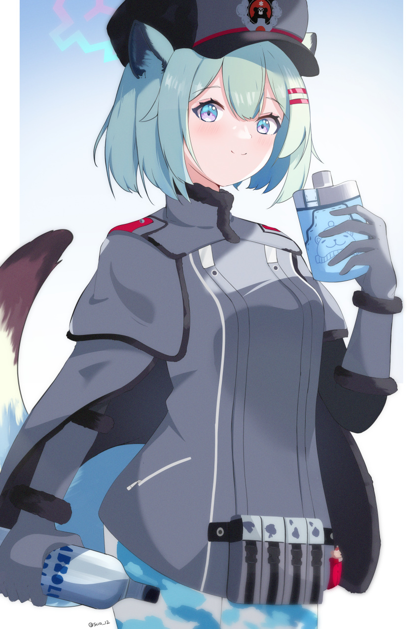 1girl absurdres alcohol animal_ear_fluff animal_ears blue_archive blue_eyes bottle camouflage camouflage_pants cape closed_mouth flask gloves gradient_eyes grey_cape grey_gloves grey_headwear grey_jacket hair_ornament hairclip halo highres holding holding_bottle holding_flask jacket light_green_hair looking_at_viewer multicolored_eyes pants purple_eyes scio_12 shigure_(blue_archive) smile solo standing tail vodka weasel_ears weasel_girl weasel_tail