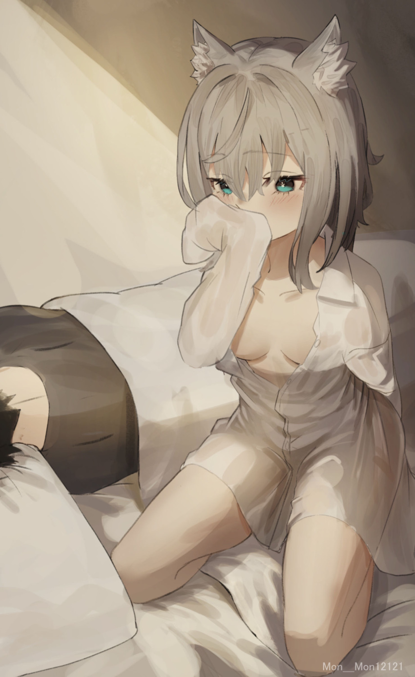 1boy 1girl absurdres animal_ear_fluff animal_ears artist_name bed blue_archive blue_eyes borrowed_clothes breasts breasts_apart bright_pupils commentary_request grey_hair guimon highres implied_after_sex kneeling medium_breasts medium_hair mismatched_pupils naked_shirt no_halo on_bed pillow sensei_(blue_archive) shiroko_(blue_archive) shirt sitting sleeves_past_wrists smelling smelling_clothes solo_focus thigh_gap white_pupils wolf_ears wolf_girl