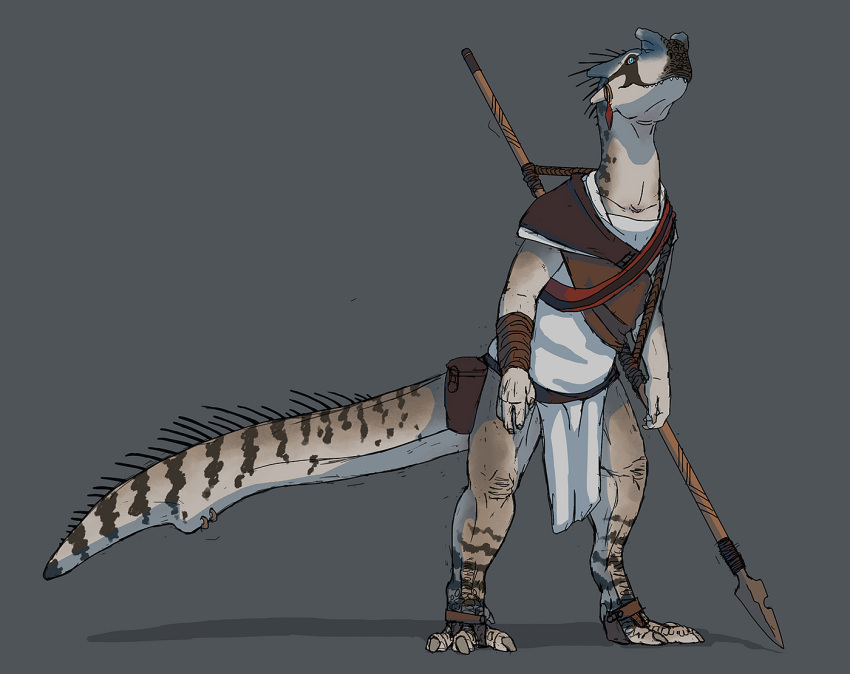 ambiguous_gender anthro blue_eyes bone_frill clothing dinosaur ear_piercing ear_ring frill_(anatomy) melee_weapon model_sheet native piercing polearm primitive quills reptile ring_piercing scalie shoulder_pads solo spear story story_in_description theropod tsaagan_(artist) weapon